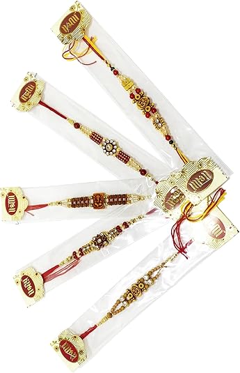 Store Indya Rakhi for Brother | Designer Raksha Bandhan Rakhi Set | Multi Color Amber Gem Rakhis for Brother | Cotton 2.0 Inch Rakhis Multipack of 5