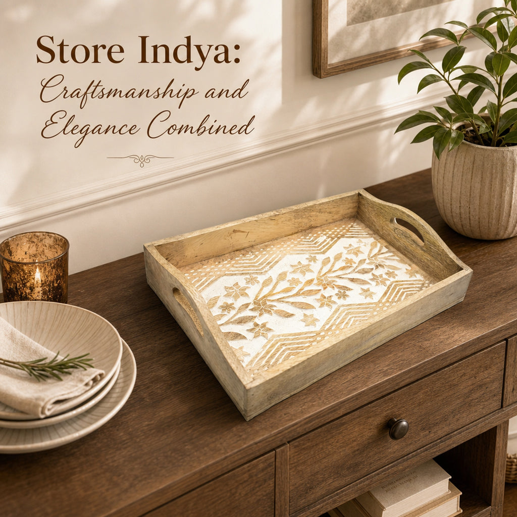 Store Indya Hand-Carved Wooden Serving Tray with Handles | Breakfast Tray for Tea, Snacks & Dessert | Kitchen Serveware | 15x10 Inches