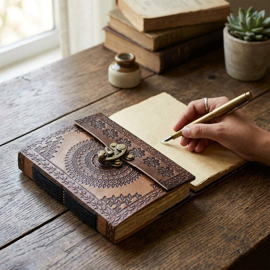 STORE INDYA Handmade Leather Bound Journal with Lock - Vintage Travel Diary | 192 Eco-Friendly Pages | Refillable Writing Not