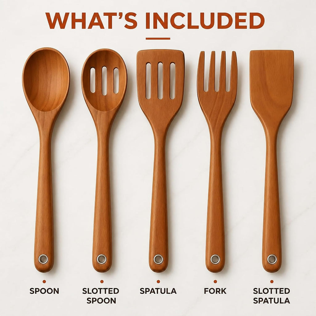 Store Indya 5-Piece Wooden Cooking Utensils Set - Nonstick Pan Spoons Ladle