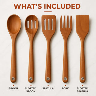 Store Indya 5-Piece Wooden Cooking Utensils Set - Nonstick Pan Spoons Ladle