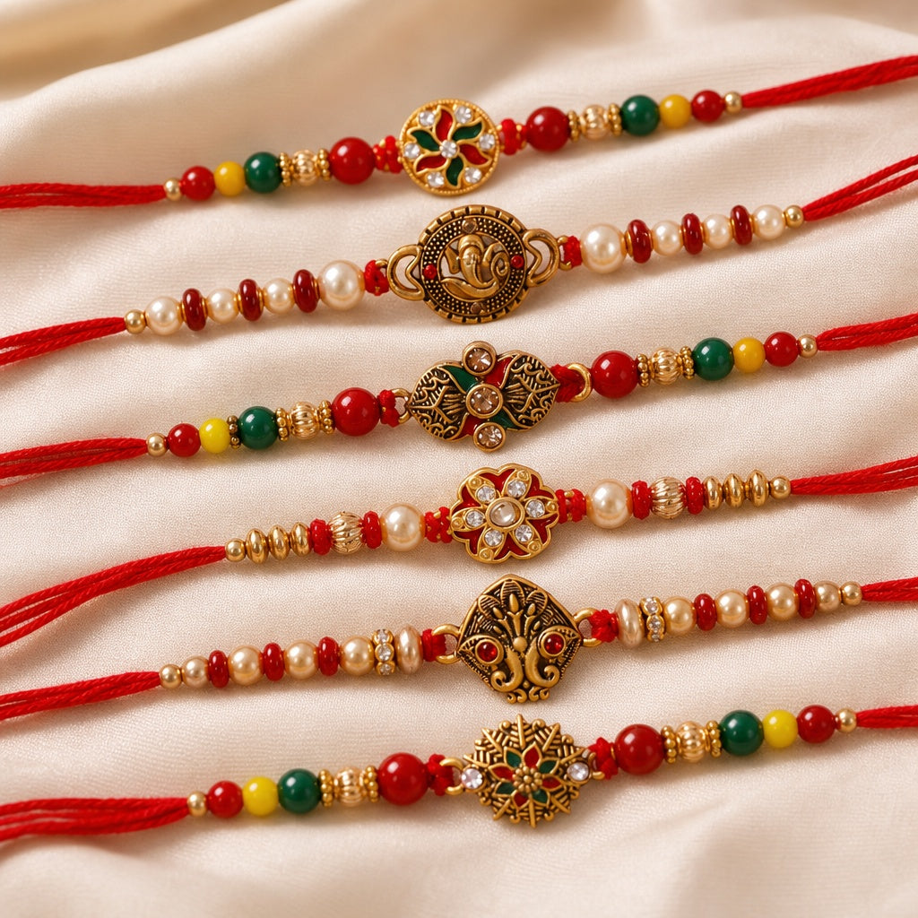 Rakhi Set of 6 for Brother, Bhai, Designer Multicolored Assorted Rakhi Bracelet Set for Raksha Bandhan