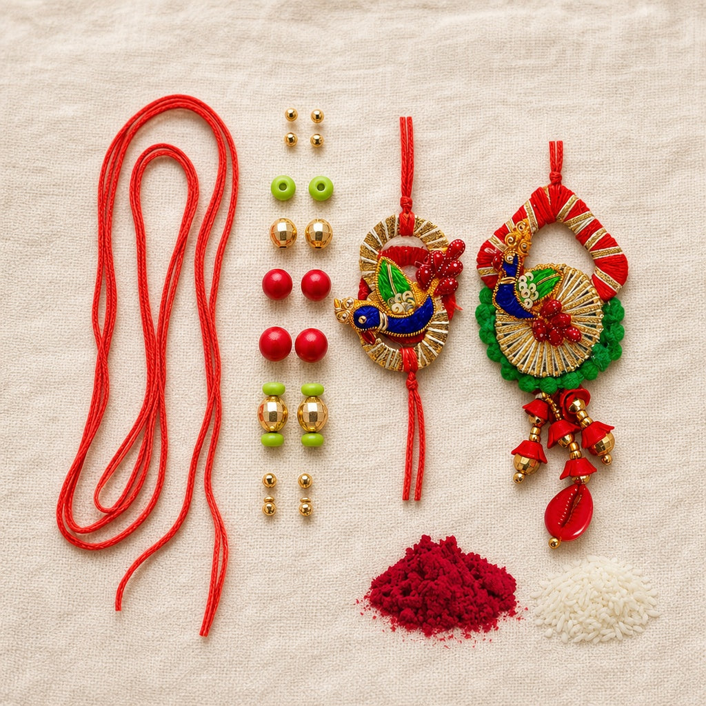 Premium Designer Red Cloth Peacock Design Rakhi Set of 2 for Bhaiya Bhabhi – Traditional Lumba Set, Thread Rakhi with Stones