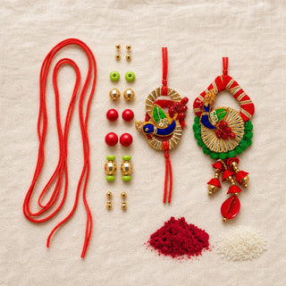Premium Designer Red Cloth Peacock Design Rakhi Set of 2 for Bhaiya Bhabhi – Traditional Lumba Set, Thread Rakhi with Stones