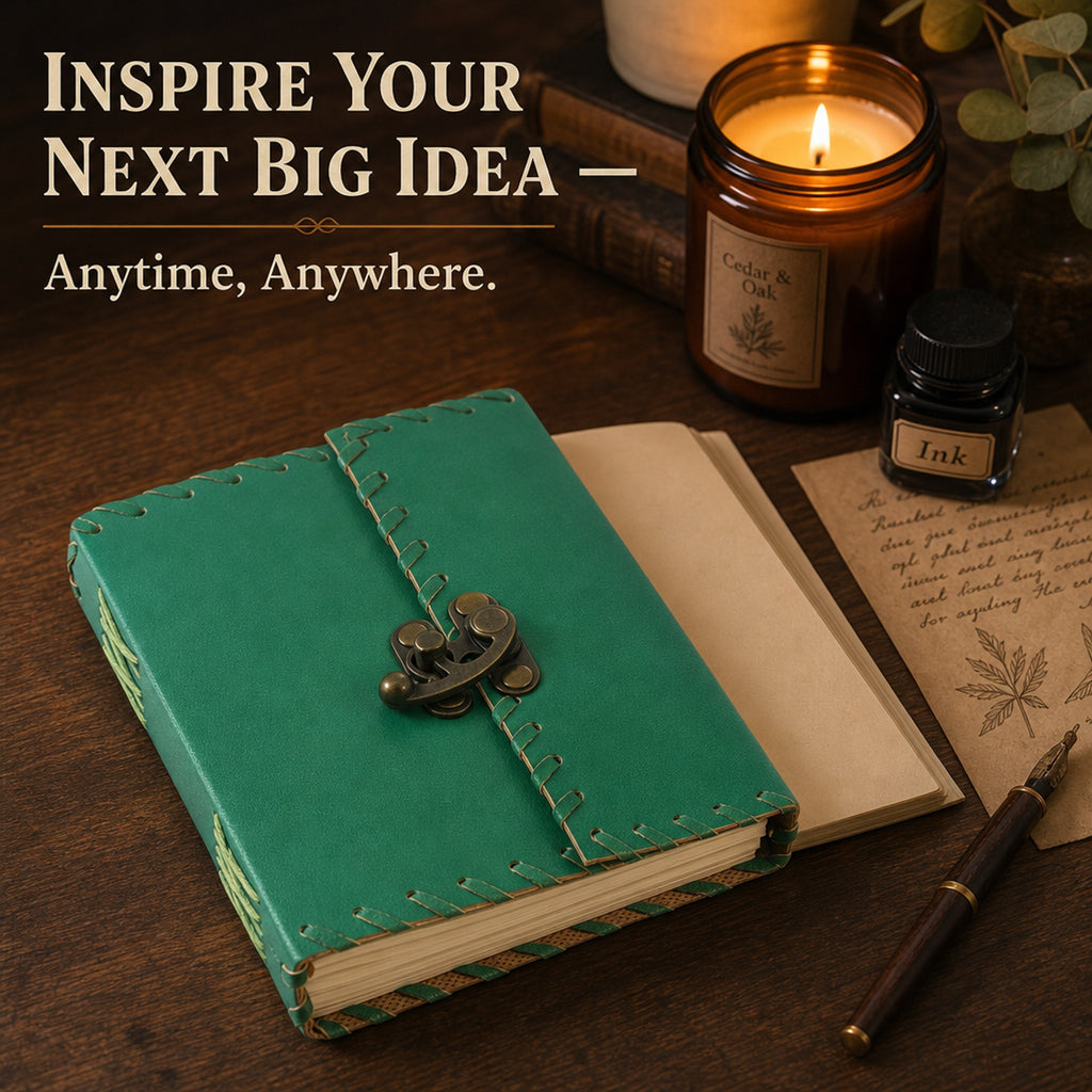 Store Indya Genuine Leather-Bound Journal – Vintage Travel Notebook, 200 Unlined Pages, Antique Leather Journal with Secure Latch, Emerald Green