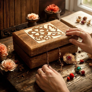 STORE INDYA Wooden Jewelry Box for Women - Hand Carved Decorative Jewelry Organizer Box with Flower Design, Trinket Storage C