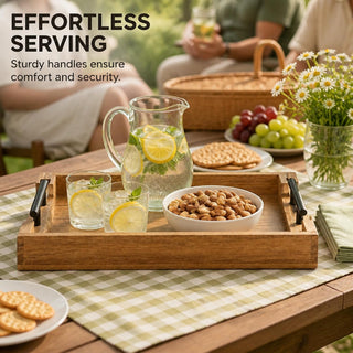 STORE INDYA Mango Wood Serving Tray with Metal Handles – Rustic Coffee Table & Ottoman Tray for Living Room, Kitchen, Breakfa
