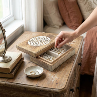 STORE INDYA Wooden Jewelry Box for Women - Handmade Mandala Carved Jewelry Organizer with Whitewash Finish - Decorative Jewel