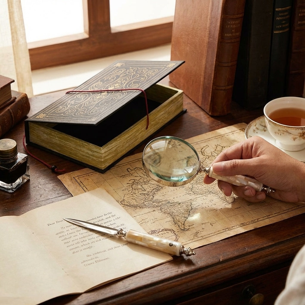 storeindya Magnifying Glass for Reading - Handheld Magnifier with Letter Opener Set, Vintage Mango Wood & Mother of Pearl, Bo