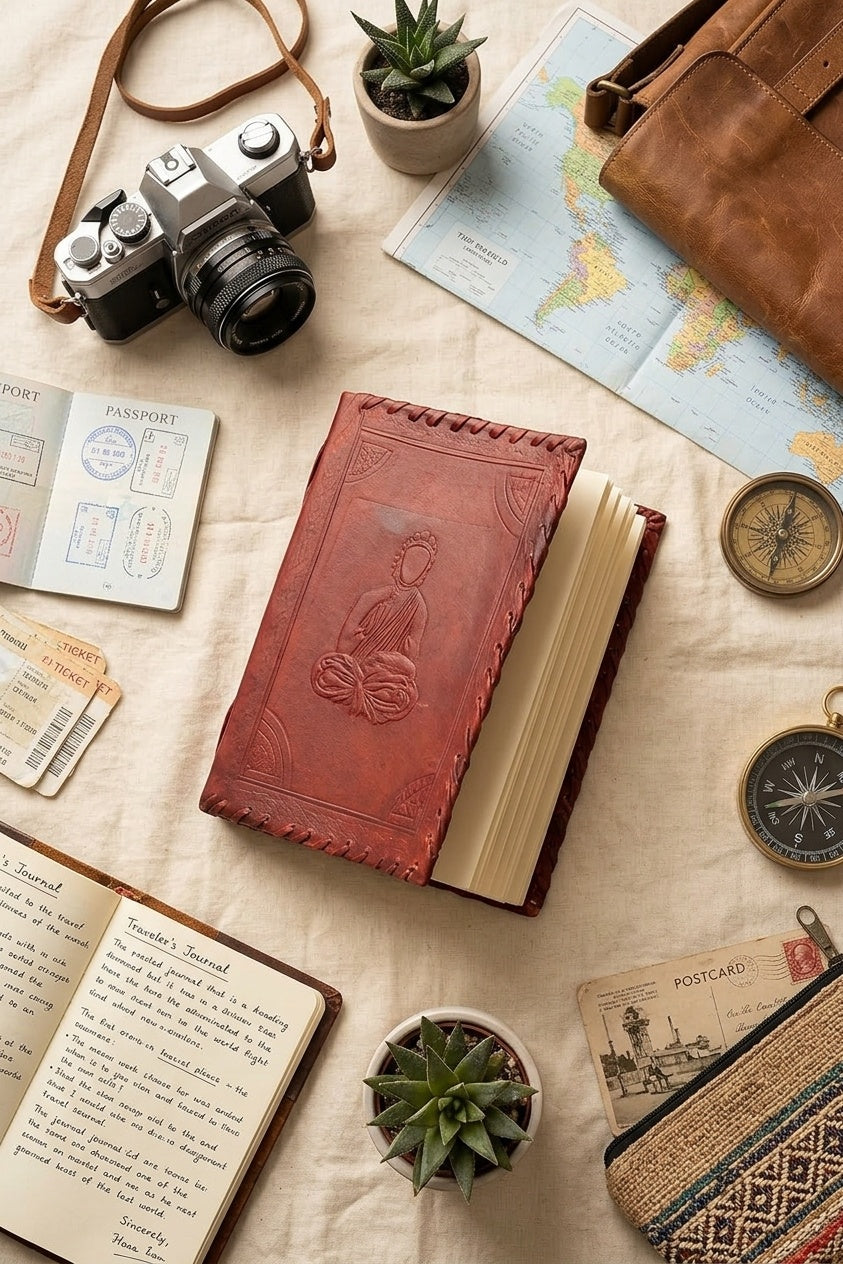 Premium Leather Diary | Handmade Leather Journal & Personal Organizer, Travel Notebook with Buddha Embossed Cover, Vintage Wr