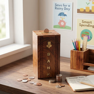 STORE INDYA Handmade Wooden Piggy Bank for Kids, Boys, Girls & Adults - Decorative Coin Money Bank Savings Box - Perfect Gift