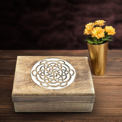 STORE INDYA Wooden Handmade Decorative Mandala Carving Wooden Jewelry Box with Whitewash finish Treasure Box Jewelry Organizer Keepsake Box Treasure Chest Trinket Holder Watch Box Gifts for her Girl