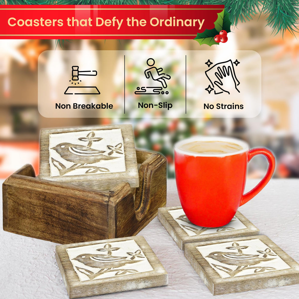 Store Indya Set of 4 Wood Coasters-Rustic Finish-Water Absorbent Eco-Friendly Protects Furniture from Water Stains & Damages-