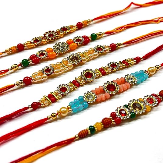 Rakhi for Brother | Multi Color Studded Gems Raksha Bandhan Rakhi Set | Designer Rakhis Multipack of 6 | 2.0 Inches Cotton Threads | Traditional Indian Festival Gift