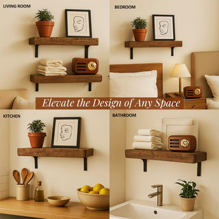 STORE INDYA Floating Shelves for Wall – Solid Wood Rustic Hanging Shelves, Wall Mounted for Bathroom, Bedroom, Living Room, K