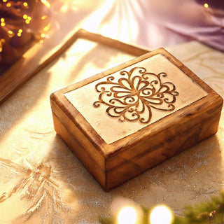 STORE INDYA Wooden Hand Carved Decorative Box with Geometrical Carving On Top | Treasure Box Jewelry Organizer Keepsake Box T