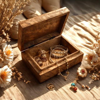 STORE INDYA Wooden Hand Carved Decorative Box with Geometrical Carving On Top | Treasure Box Jewelry Organizer Keepsake Box T