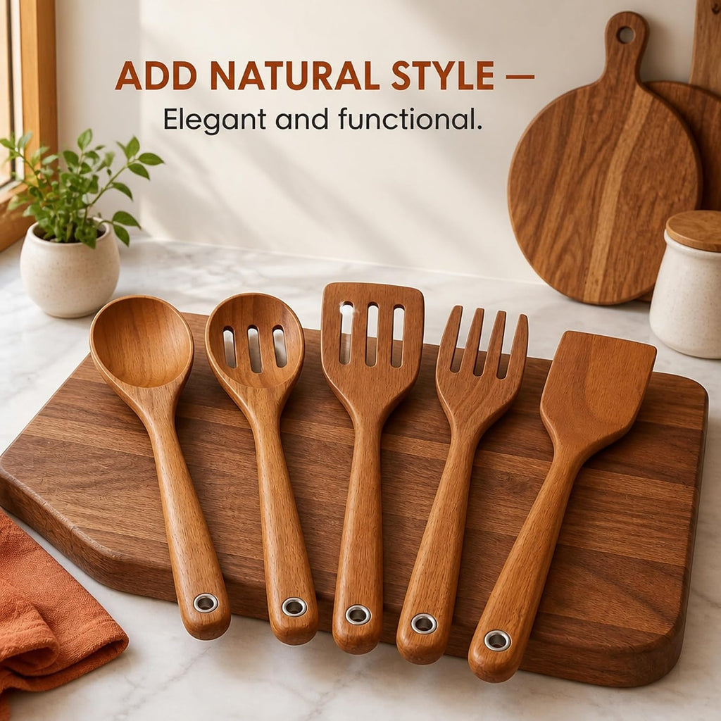 Store Indya 5-Piece Wooden Cooking Utensils Set - Nonstick Pan Spoons Ladle