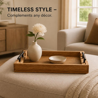 STORE INDYA Mango Wood Serving Tray with Metal Handles – Rustic Coffee Table & Ottoman Tray for Living Room, Kitchen, Breakfa