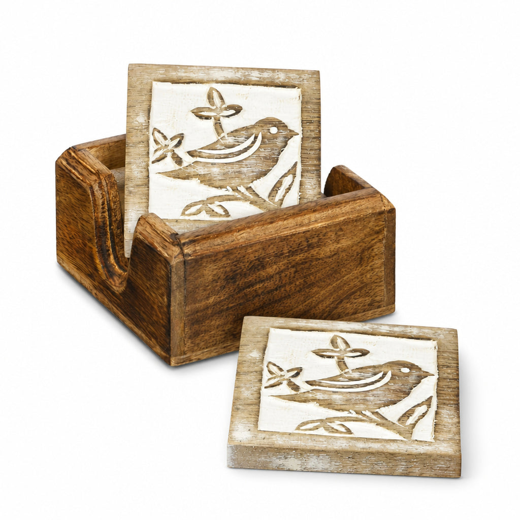Store Indya Wooden Coasters Set of 4 for Drinks Rustic Finish Water-Absorbent Eco-Friendly Wood Coasters Protects Furniture from Water Stains
