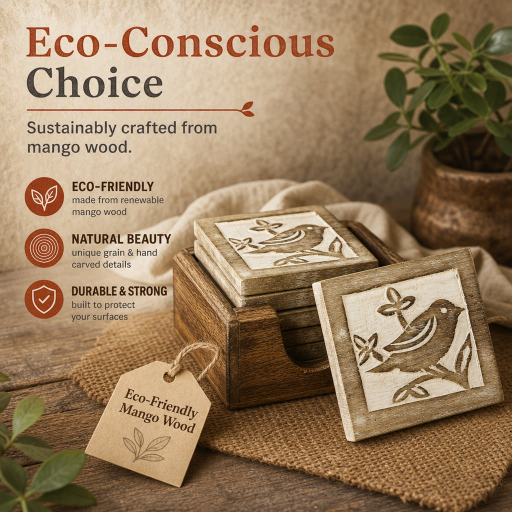 Store Indya Wooden Coasters Set of 4 for Drinks Rustic Finish Water-Absorbent Eco-Friendly Wood Coasters Protects Furniture from Water Stains