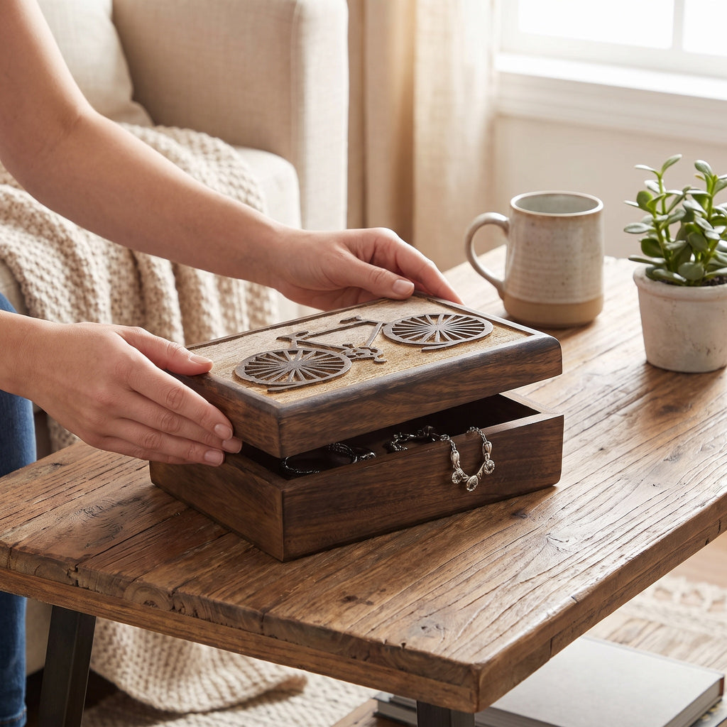 Rustic Wood Bicycle Jewelry Box | Handmade Decorative Storage Chest for Rings, Watches & Trinkets | Unique Vintage Keepsake B