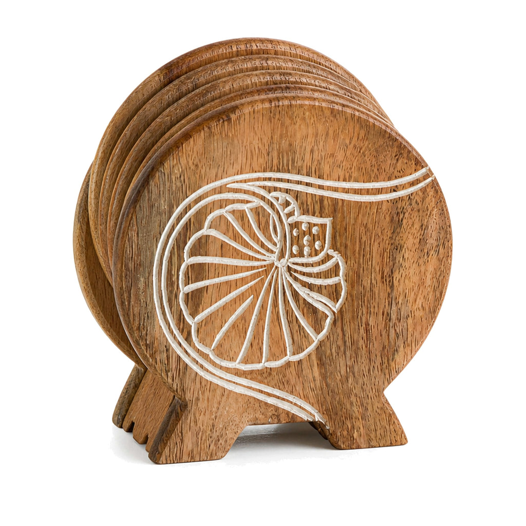 Store Indya Natural Wood Coasters Set of 6 with Holder, 4 in