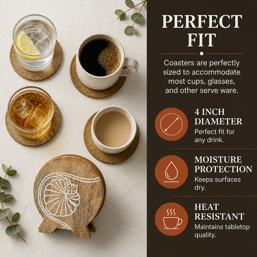Store Indya Natural Wood Coasters Set of 6 with Holder, 4 in