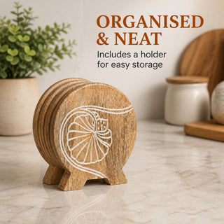 Store Indya Natural Wood Coasters Set of 6 with Holder, 4 in