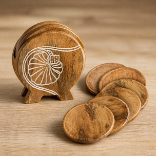 Store Indya Natural Wood Coasters Set of 6 with Holder, 4 in