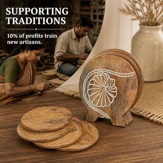 Store Indya Natural Wood Coasters Set of 6 with Holder, 4 in
