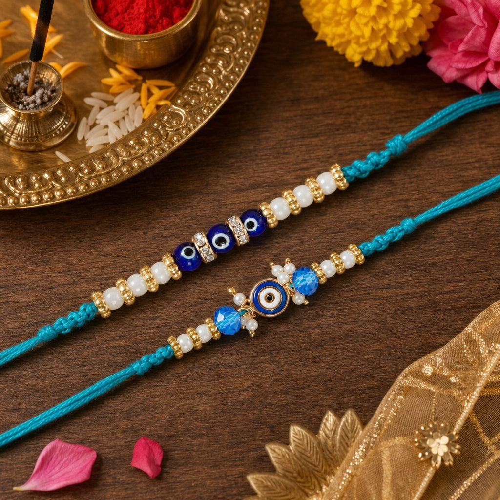 Shalinindia Evil Eye Rakhi Set of 2 for Brother – Premium Raksha Bandhan Rakhi Bracelet & Thread | Traditional Designer Rakhi