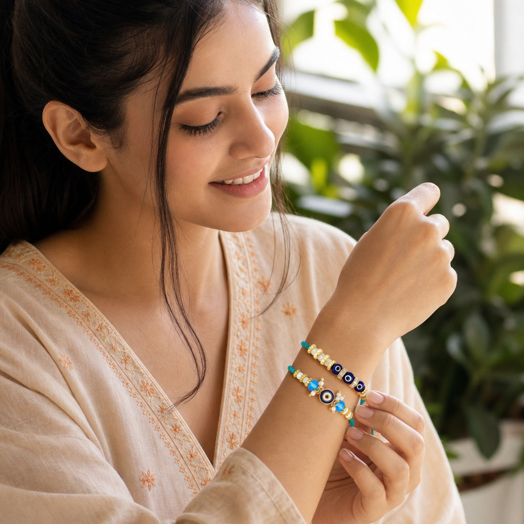 Shalinindia Evil Eye Rakhi Set of 2 for Brother – Premium Raksha Bandhan Rakhi Bracelet & Thread | Traditional Designer Rakhi
