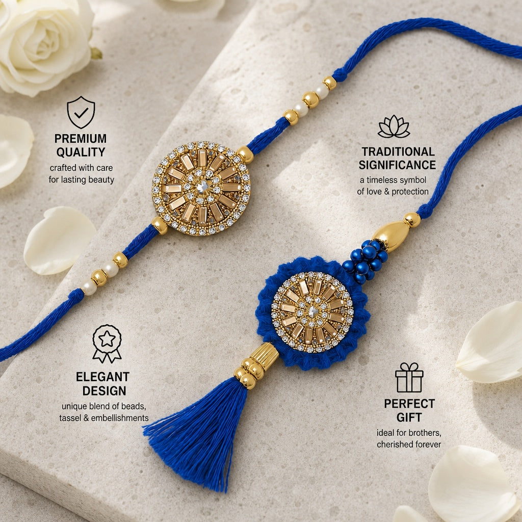 Shalinindia Bhaiya Bhabhi Rakhi Set of 2 – Designer Blue Thread Rakhi with Stones for Brother & Bhabhi – Raksha Bandhan Gift 