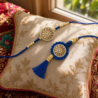 Shalinindia Bhaiya Bhabhi Rakhi Set of 2 – Designer Blue Thread Rakhi with Stones for Brother & Bhabhi – Raksha Bandhan Gift 
