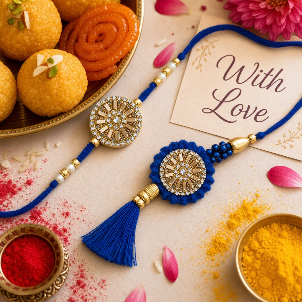 Shalinindia Bhaiya Bhabhi Rakhi Set of 2 – Designer Blue Thread Rakhi with Stones for Brother & Bhabhi – Raksha Bandhan Gift