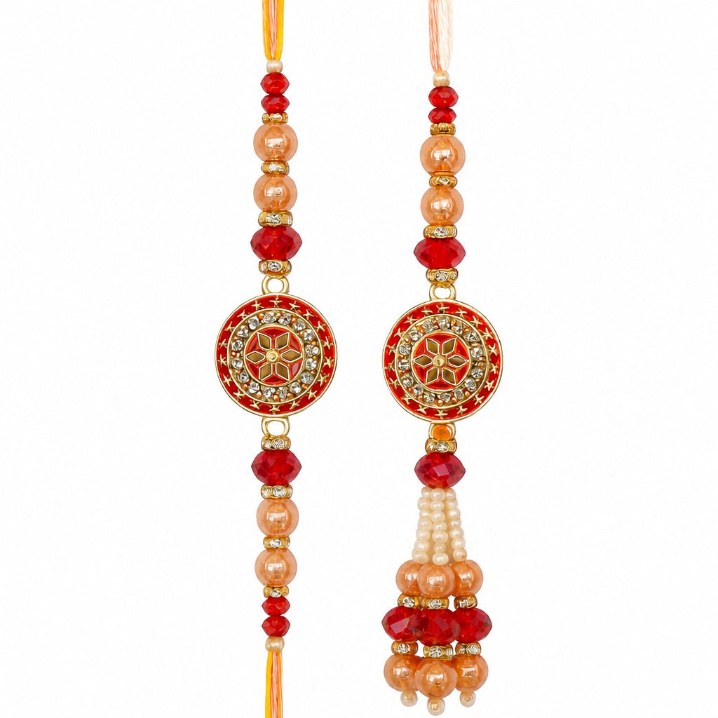 Premium Designer Peach Rakhi Set of 2 for Bhaiya Bhabhi – Traditional Lumba Set, Thread Rakhi with Stones | Ideal Raksha Band