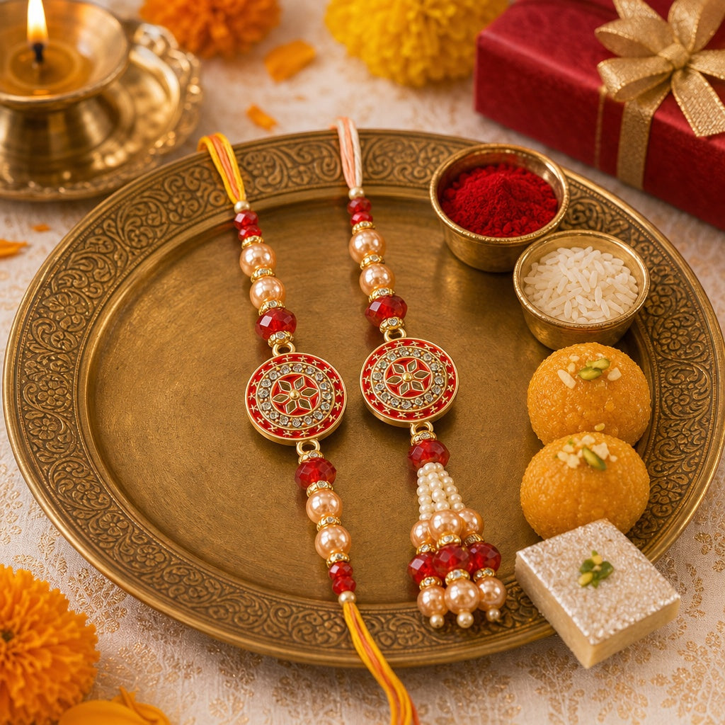 Premium Designer Peach Rakhi Set of 2 for Bhaiya Bhabhi – Traditional Lumba Set, Thread Rakhi with Stones | Ideal Raksha Band
