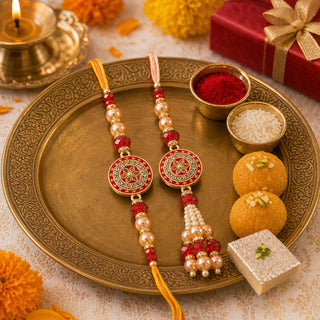 Premium Designer Peach Rakhi Set of 2 for Bhaiya Bhabhi – Traditional Lumba Set, Thread Rakhi with Stones | Ideal Raksha Band