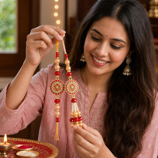 Premium Designer Peach Rakhi Set of 2 for Bhaiya Bhabhi – Traditional Lumba Set, Thread Rakhi with Stones | Ideal Raksha Band