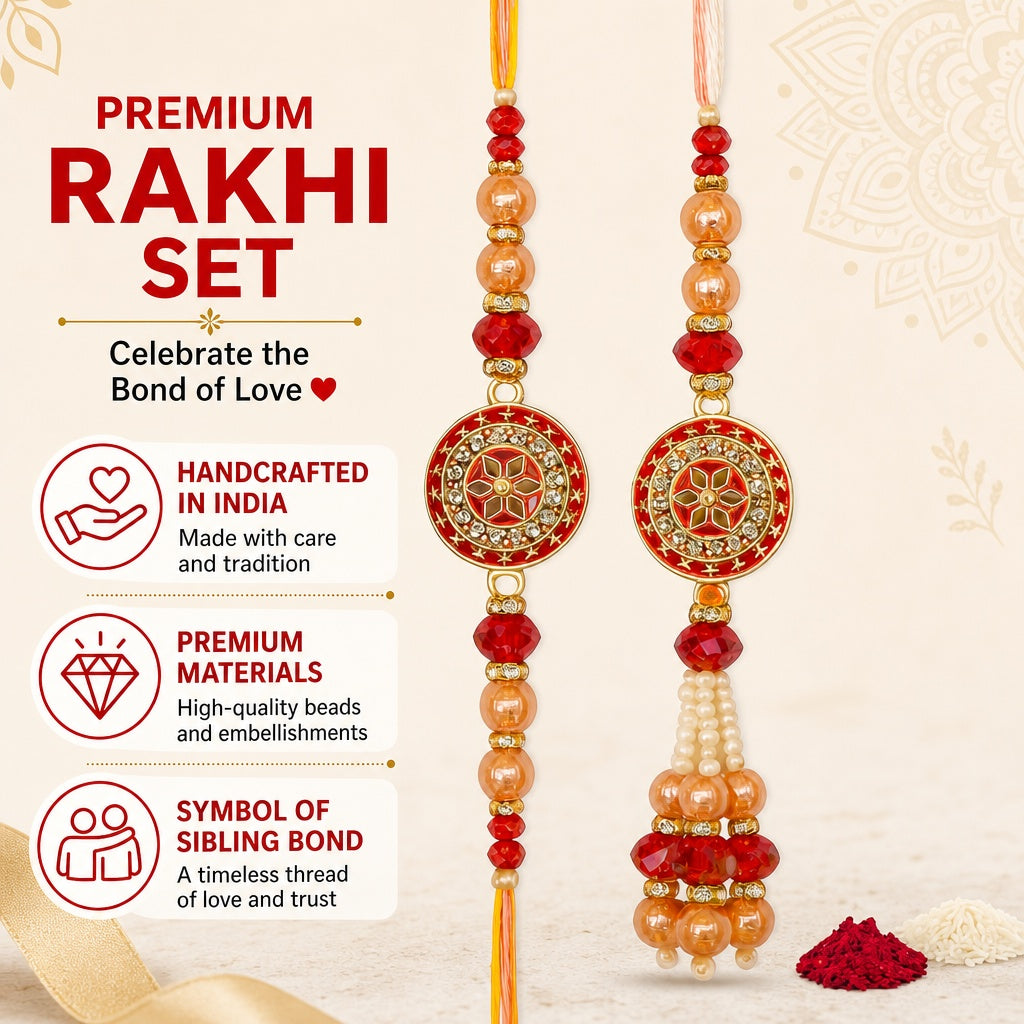 Premium Designer Peach Rakhi Set of 2 for Bhaiya Bhabhi – Traditional Lumba Set, Thread Rakhi with Stones | Ideal Raksha Band