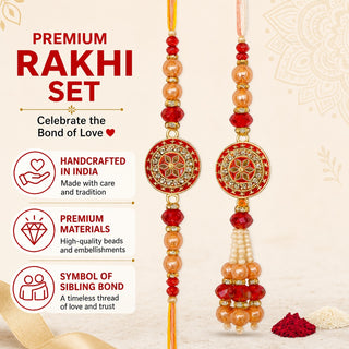 Premium Designer Peach Rakhi Set of 2 for Bhaiya Bhabhi – Traditional Lumba Set, Thread Rakhi with Stones | Ideal Raksha Band
