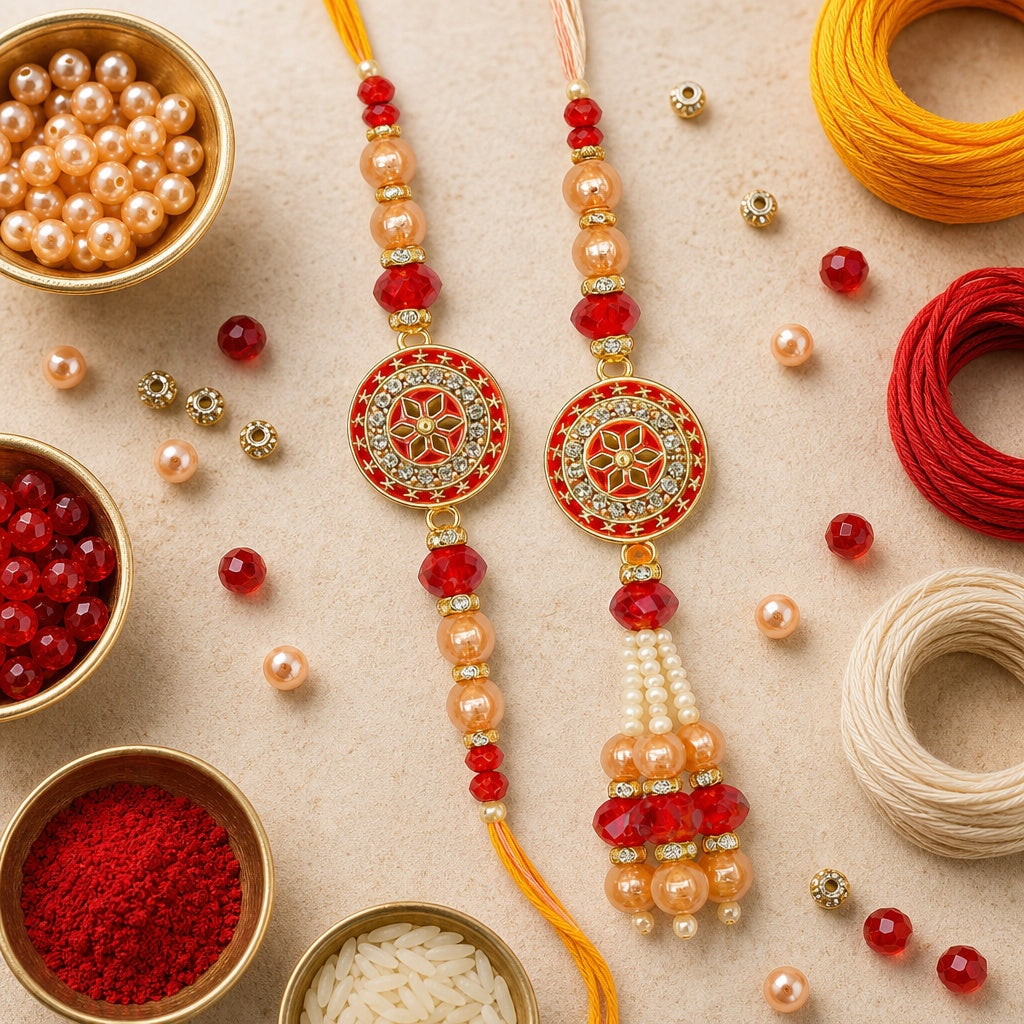 Premium Designer Peach Rakhi Set of 2 for Bhaiya Bhabhi – Traditional Lumba Set, Thread Rakhi with Stones | Ideal Raksha Band