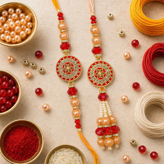 Premium Designer Peach Rakhi Set of 2 for Bhaiya Bhabhi – Traditional Lumba Set, Thread Rakhi with Stones | Ideal Raksha Band