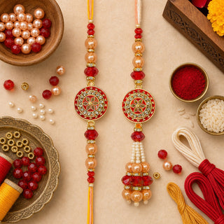 Premium Designer Peach Rakhi Set of 2 for Bhaiya Bhabhi – Traditional Lumba Set, Thread Rakhi with Stones | Ideal Raksha Band