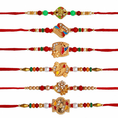 Rakhi Set of 6 for Brother, Bhai, Designer Multicolored Assorted Rakhi Bracelet Set for Raksha Bandhan