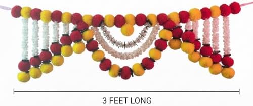 Store Indya Artificial Marigold Garland, Pink and White Pearl Beads, 3 Feet Traditional Toran Bandhanwaar Door Hanging for Re