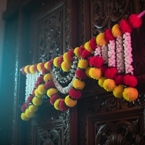 Store Indya Artificial Marigold Garland, Pink and White Pearl Beads, 3 Feet Traditional Toran Bandhanwaar Door Hanging for Re