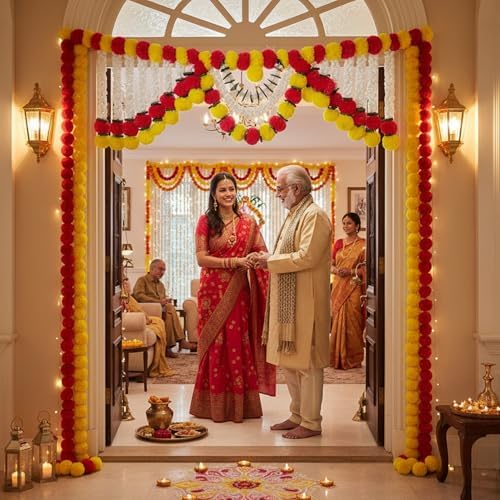 Store Indya Artificial Marigold Garland, Pink and White Pearl Beads, 3 Feet Traditional Toran Bandhanwaar Door Hanging for Re