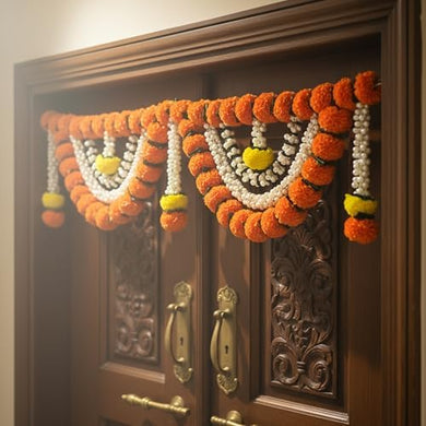 Store Indya Decorative Artificial Marigold and Pearl Toran, Traditional Orange Flower Door Hanging